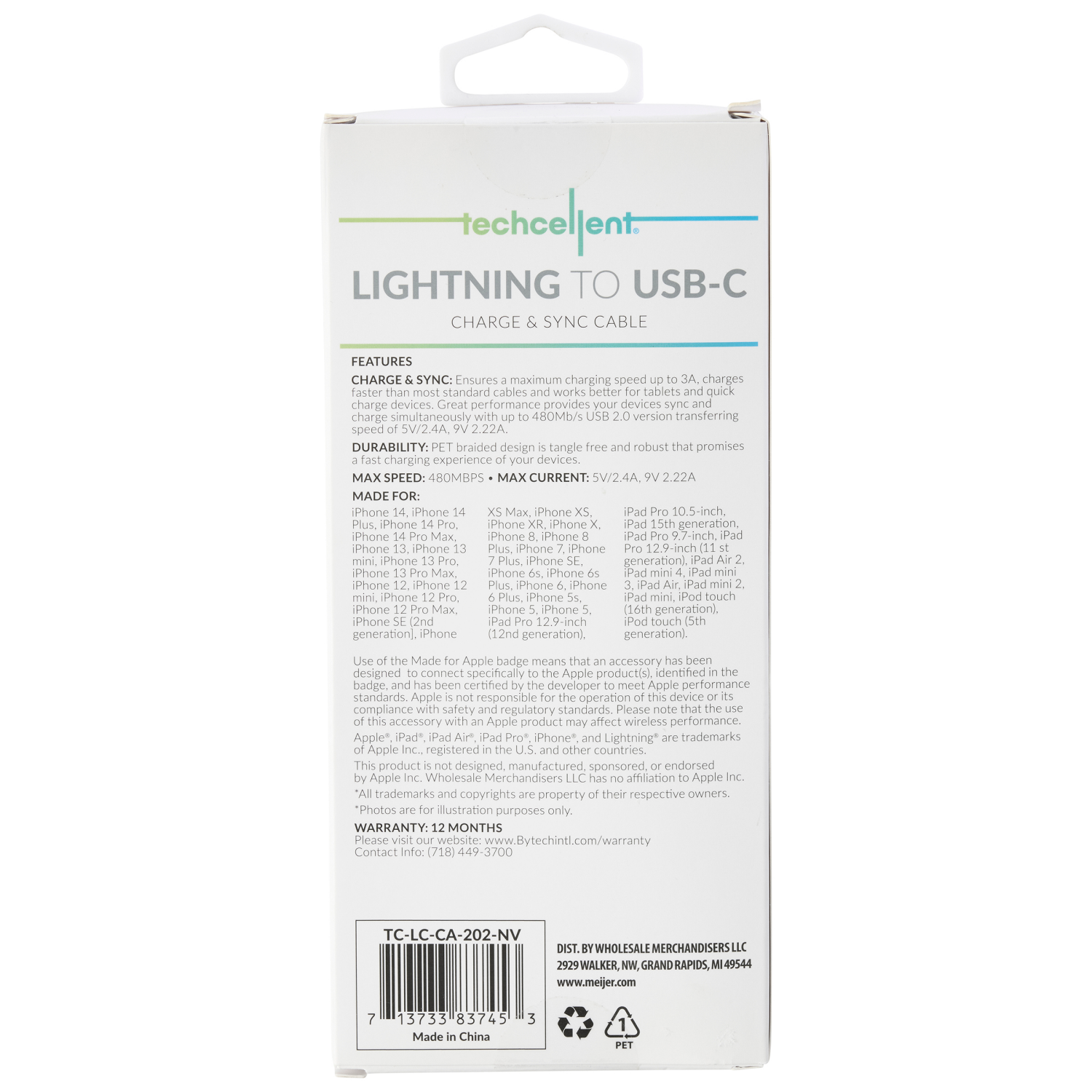 slide 2 of 6, Techcellent Lightning To USB-C Charge & Sync Braided Cable, 10ft NAVY, 10 ft