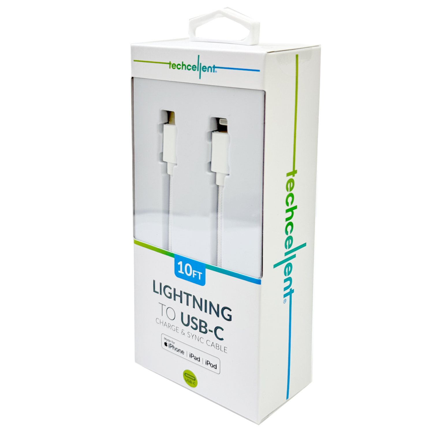 slide 5 of 6, Techcellent Lightning To USB-C Charge & Sync Braided Cable, 10ft WHITE, 10 ft