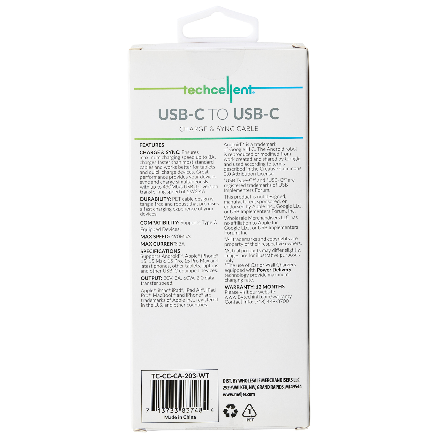 slide 2 of 6, Techcellent USB-C to USB-C Charge & Sync PVC Cable, 4ft White, 4 ft