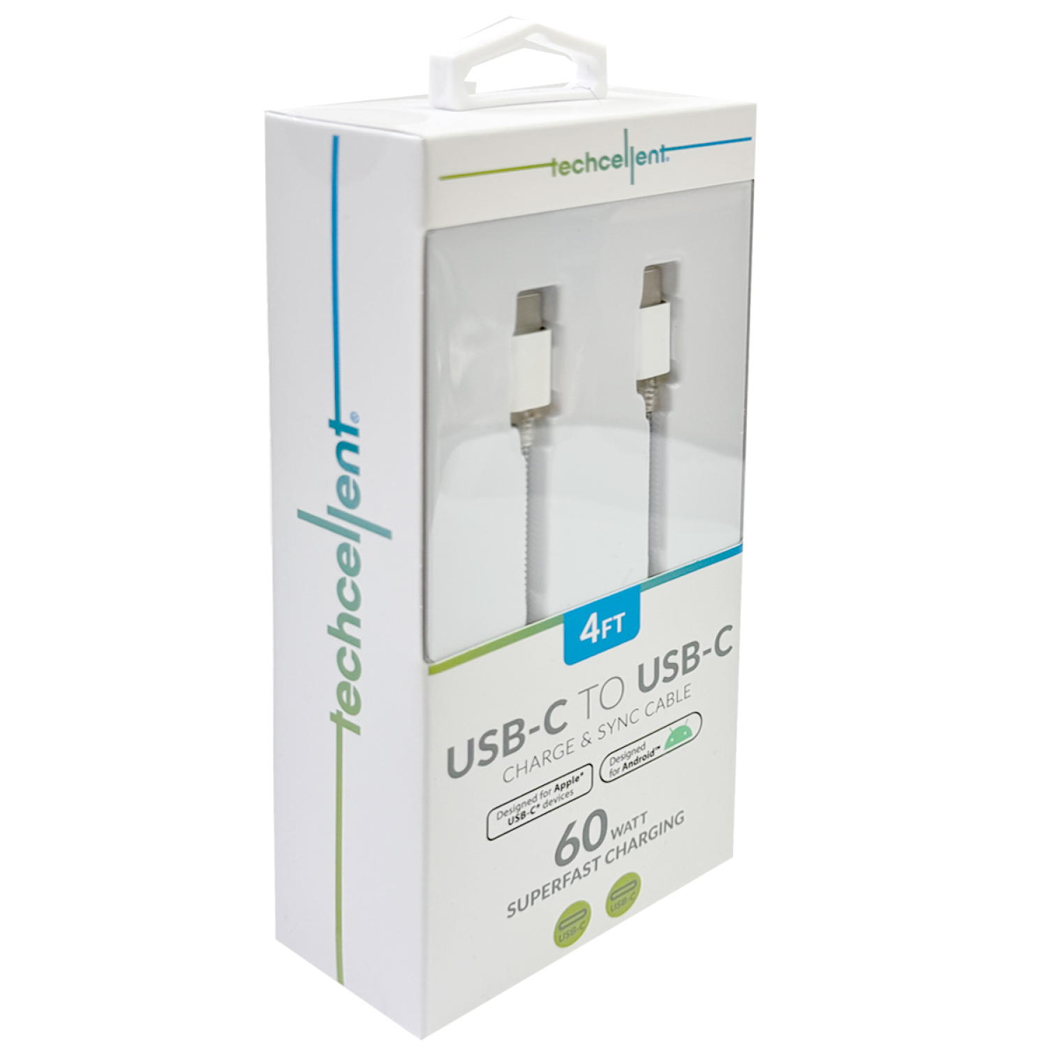 slide 4 of 6, Techcellent USB-C to USB-C Charge & Sync PVC Cable, 4ft White, 4 ft