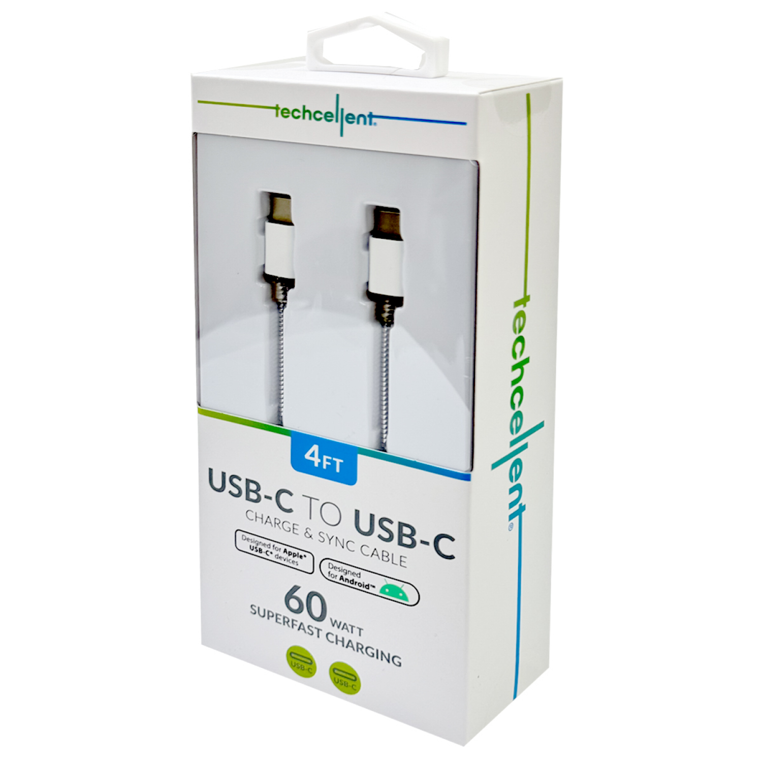 slide 5 of 6, Techcellent USB-C to USB-C Charge & Sync PVC Cable, 4ft White, 4 ft
