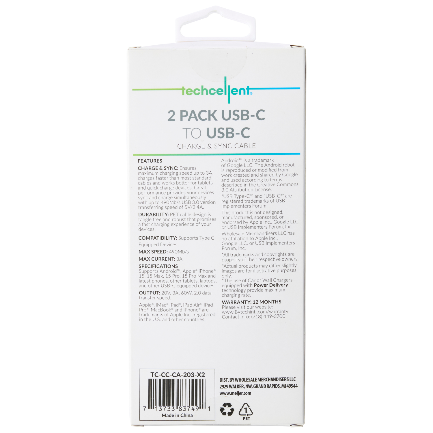 slide 2 of 6, Techcellent 2pack USB-C to USB-C Charge & Sync PVC Cable, 4ft White, 1 ct