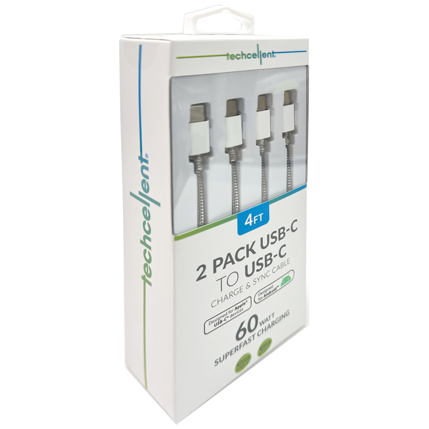 slide 4 of 6, Techcellent 2pack USB-C to USB-C Charge & Sync PVC Cable, 4ft White, 1 ct