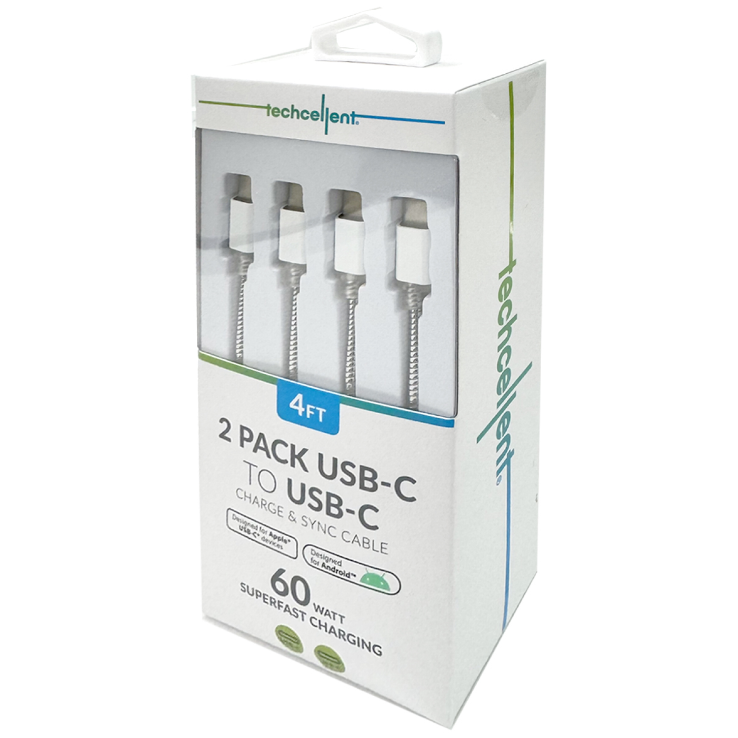 slide 5 of 6, Techcellent 2pack USB-C to USB-C Charge & Sync PVC Cable, 4ft White, 1 ct