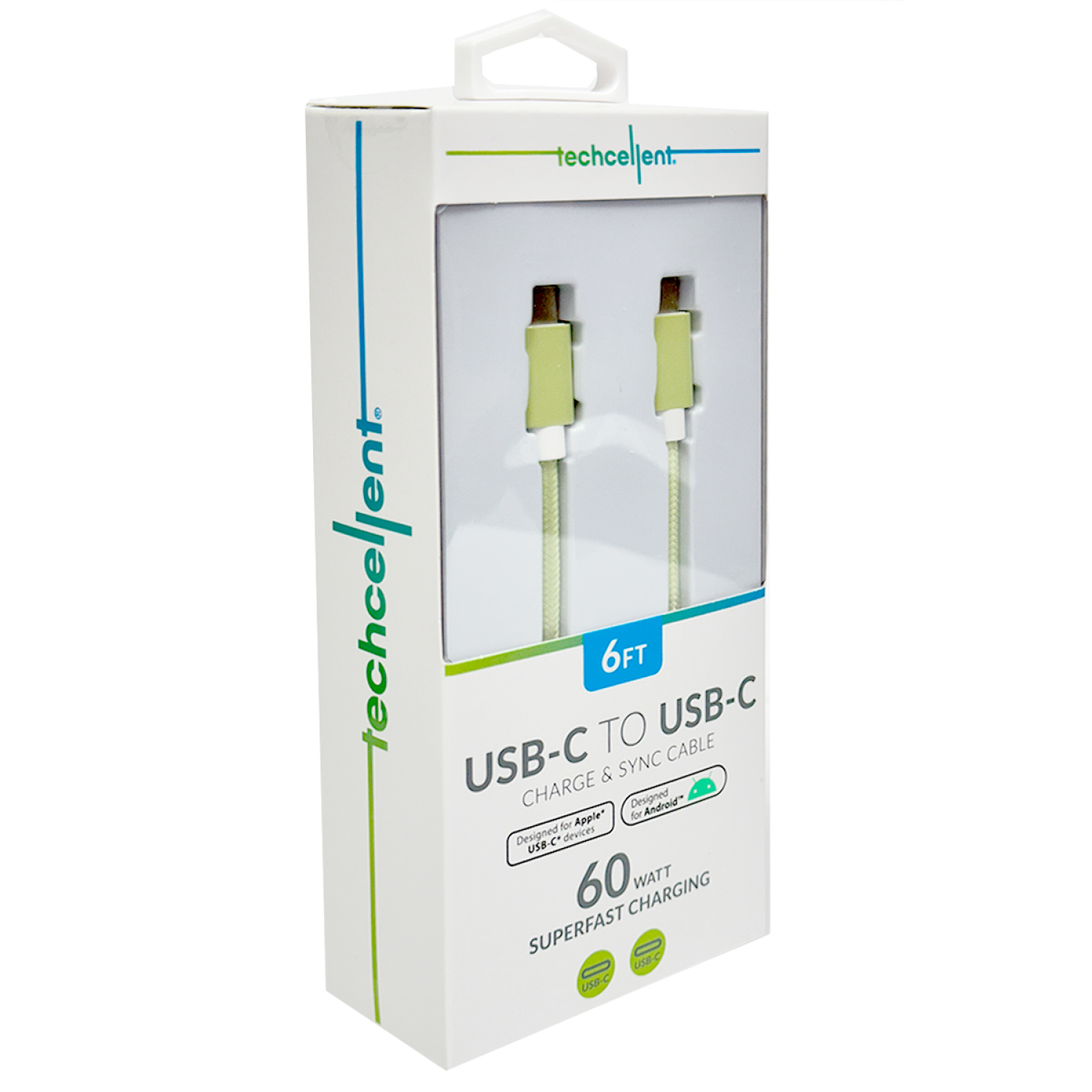 slide 2 of 4, Techcellent USB-C to USB-C Charge & Sync Fabric Cable, 6ft mint, 6 ft