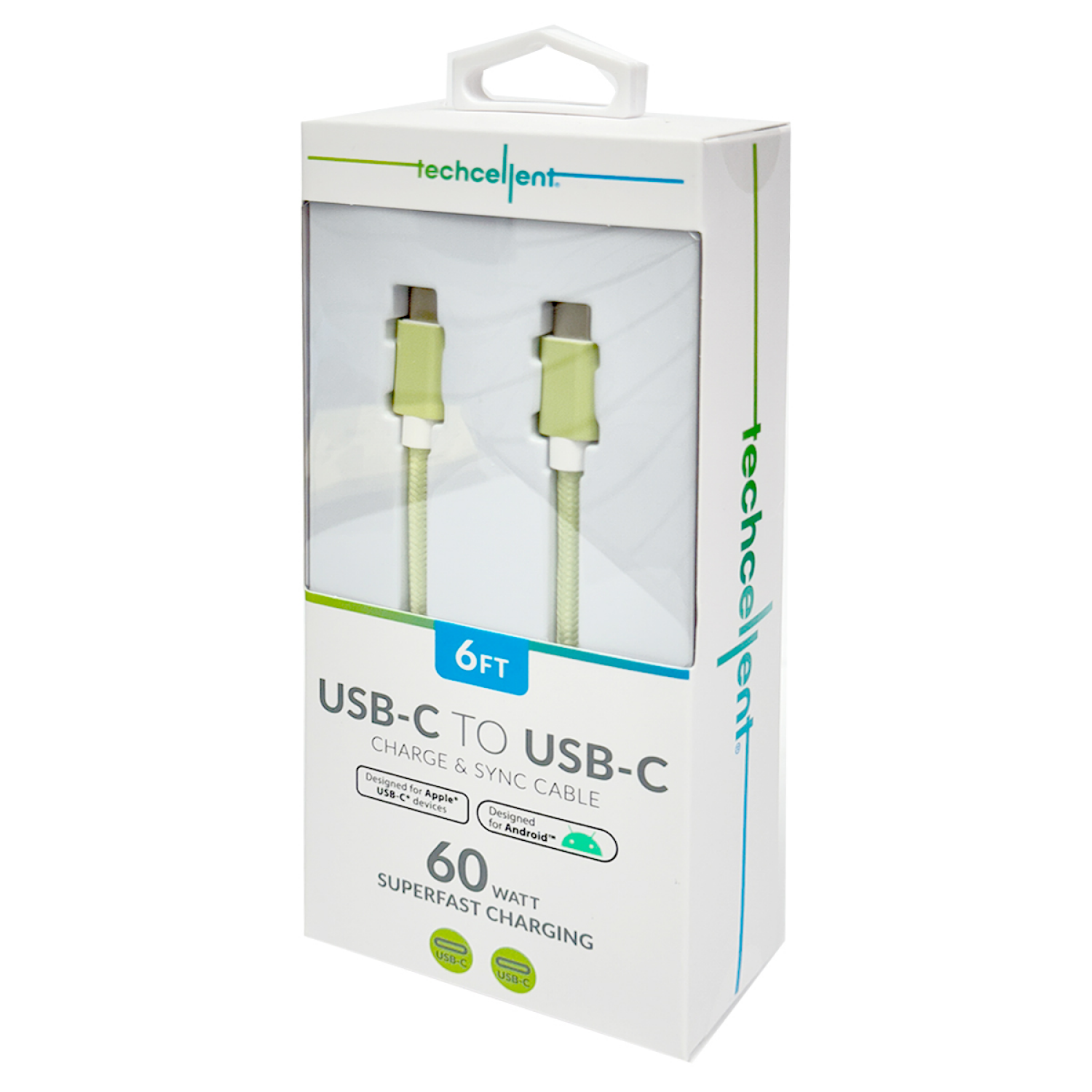 slide 3 of 4, Techcellent USB-C to USB-C Charge & Sync Fabric Cable, 6ft mint, 6 ft