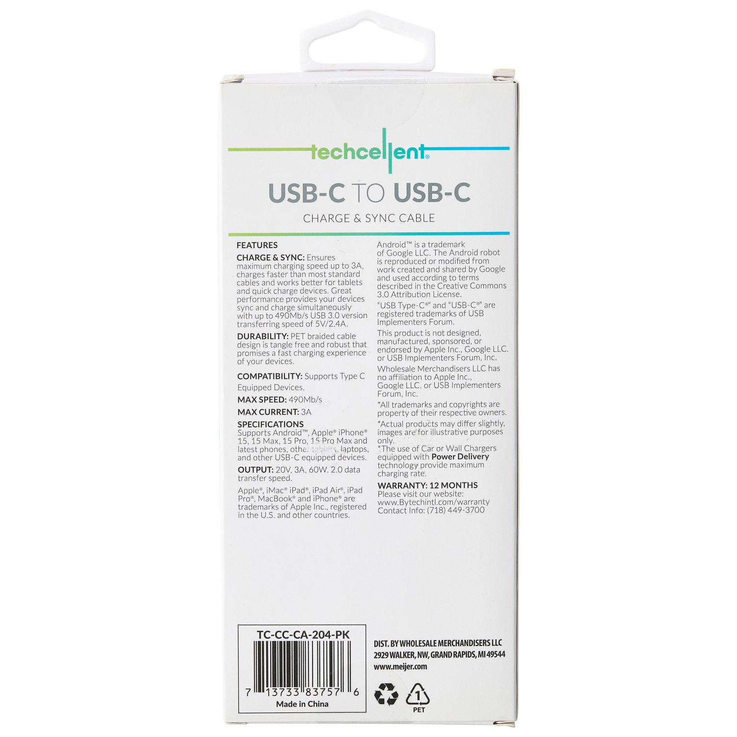 slide 2 of 6, Techcellent USB-C to USB-C Charge & Sync Fabric Cable, 6ft pink, 6 ft