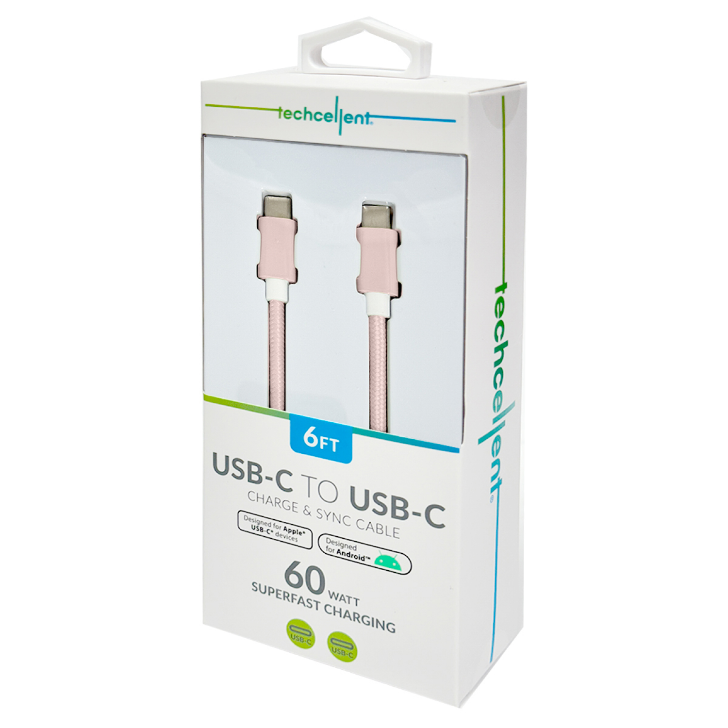 slide 5 of 6, Techcellent USB-C to USB-C Charge & Sync Fabric Cable, 6ft pink, 6 ft