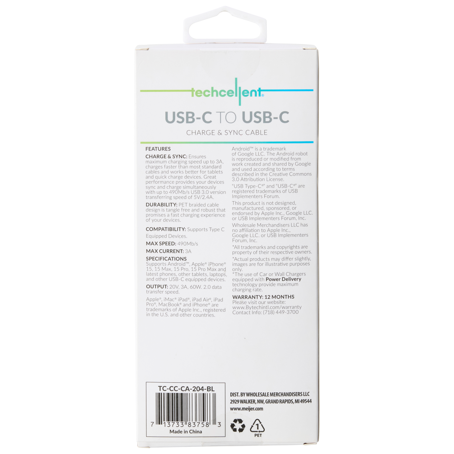 slide 2 of 6, Techcellent USB-C to USB-C Charge & Sync Fabric Cable, 6ft blue, 6 ft