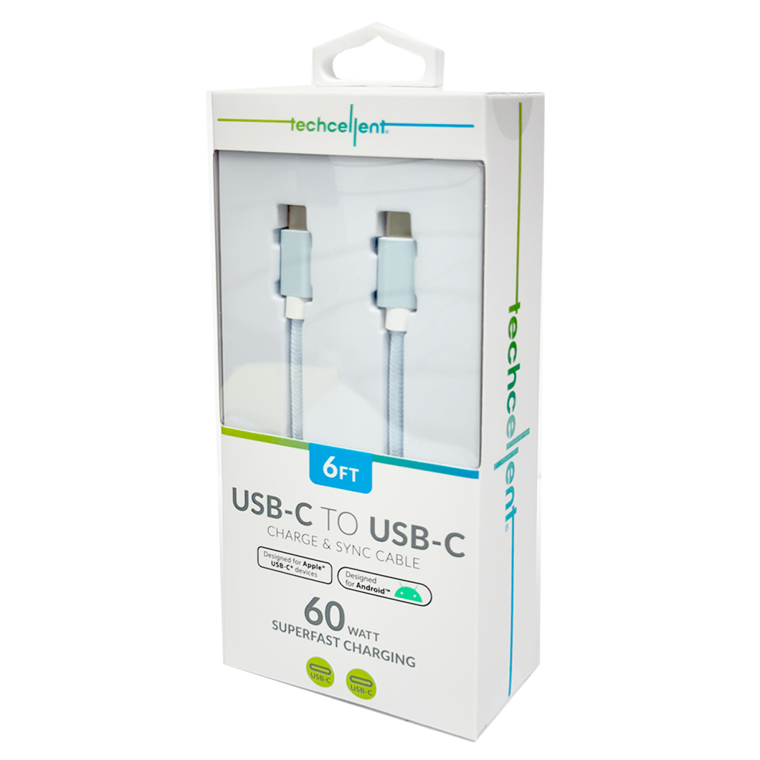 slide 5 of 6, Techcellent USB-C to USB-C Charge & Sync Fabric Cable, 6ft blue, 6 ft