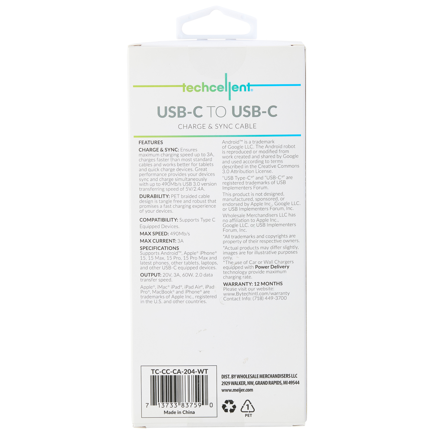 slide 2 of 6, Techcellent USB-C to USB-C Charge & Sync Fabric Cable, 6ft white, 6 ft