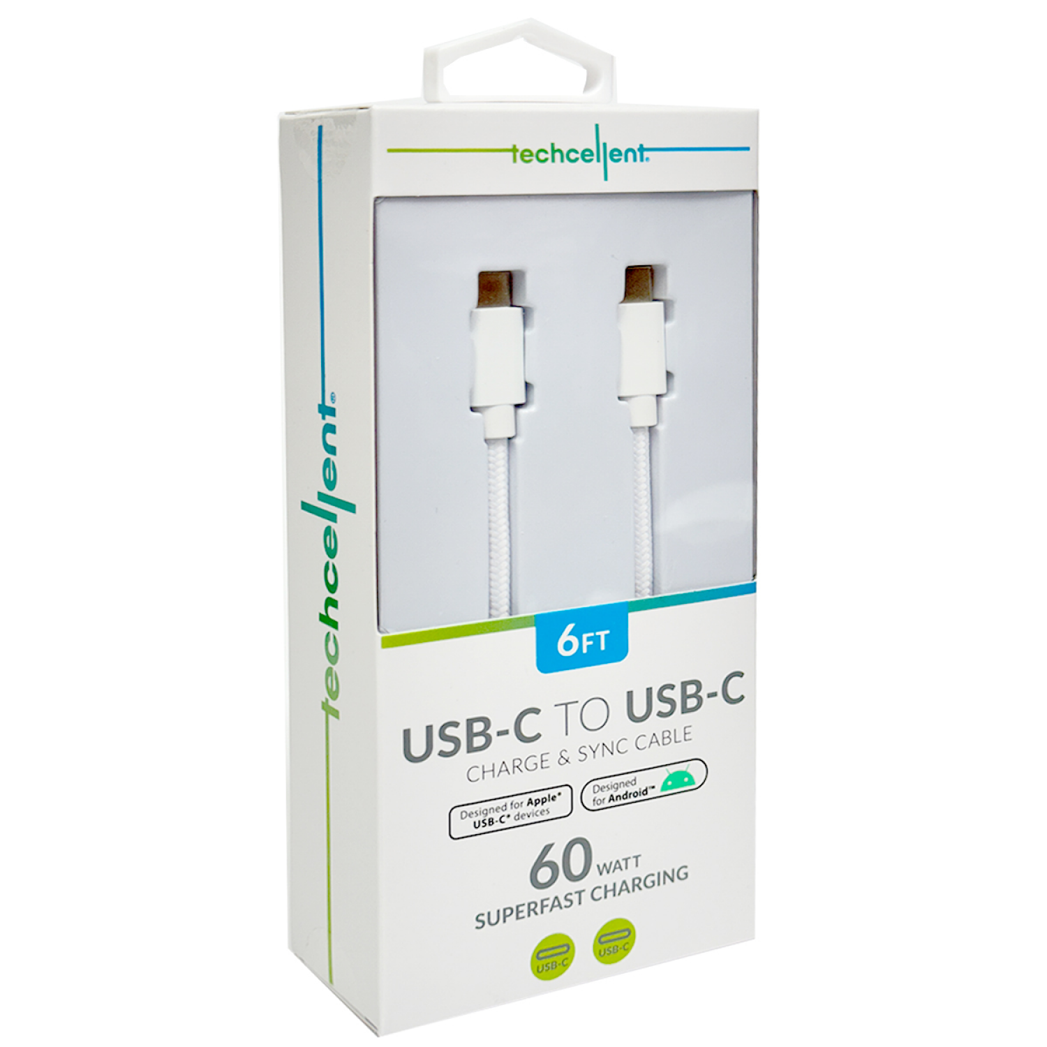 slide 4 of 6, Techcellent USB-C to USB-C Charge & Sync Fabric Cable, 6ft white, 6 ft