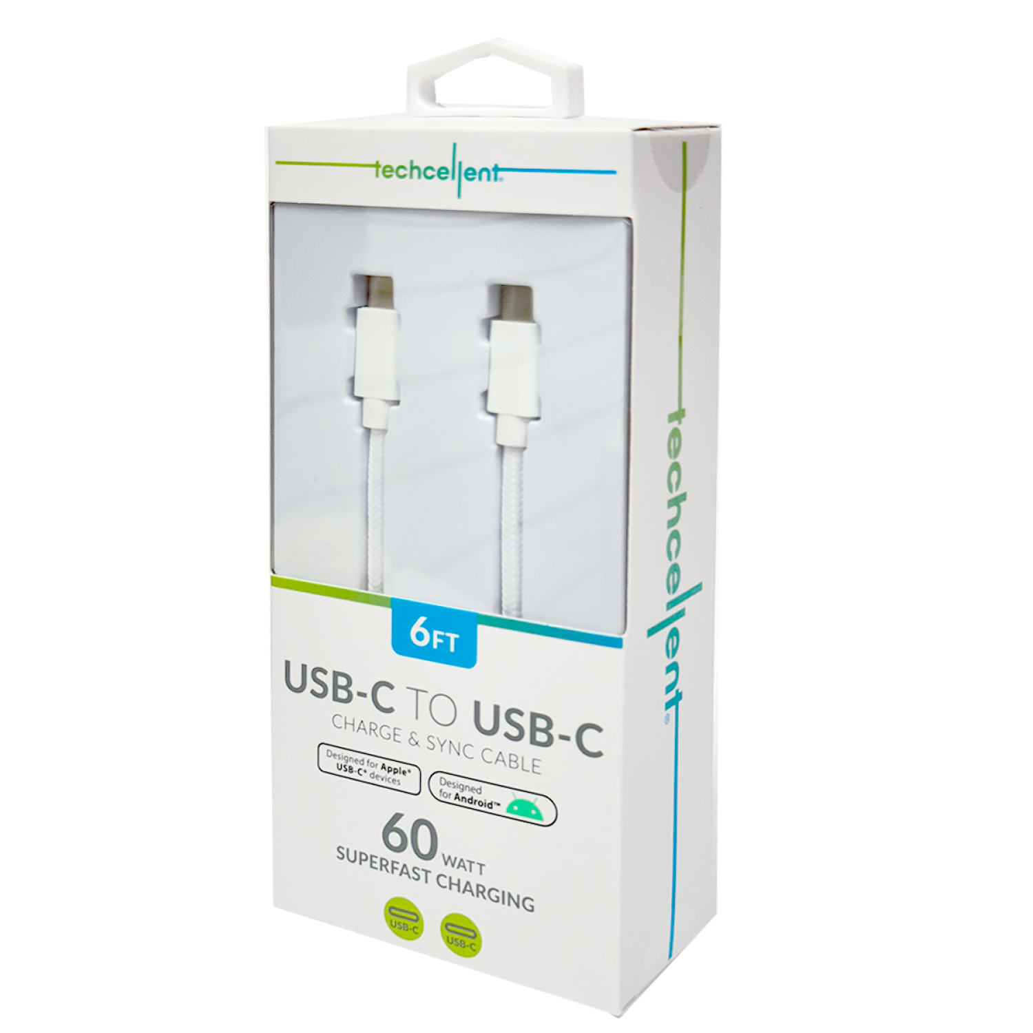 slide 5 of 6, Techcellent USB-C to USB-C Charge & Sync Fabric Cable, 6ft white, 6 ft