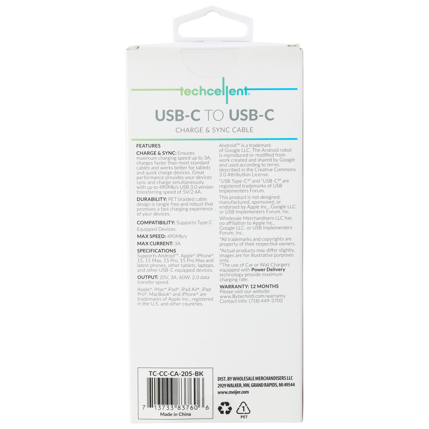 slide 2 of 6, Techcellent USB-C to USB-C Charge & Sync Fabric Cable, 10ft Black, 10 ft