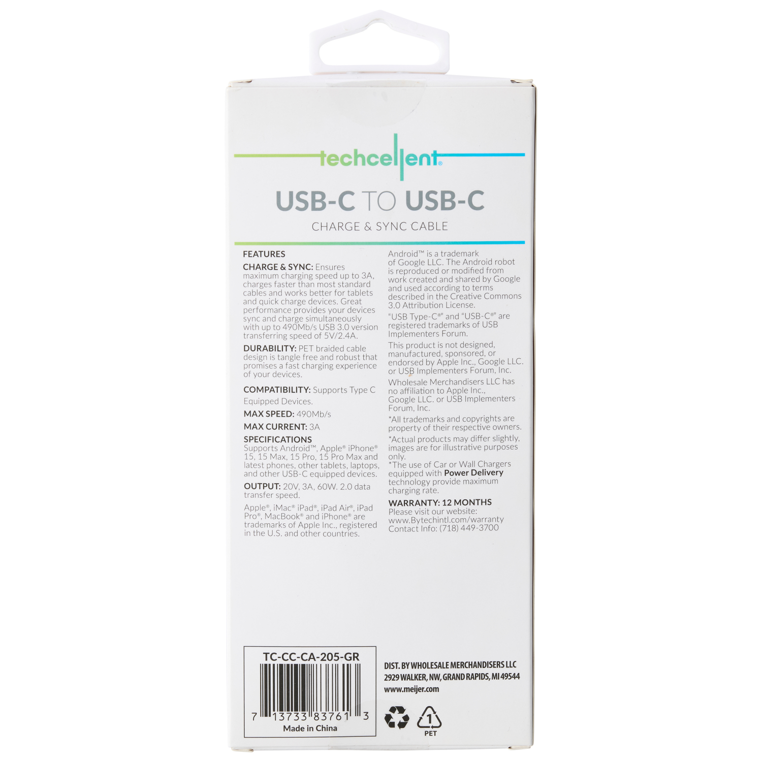 slide 2 of 6, Techcellent USB-C to USB-C Charge & Sync Fabric Cable, 10ft Hunter Green, 10 ft