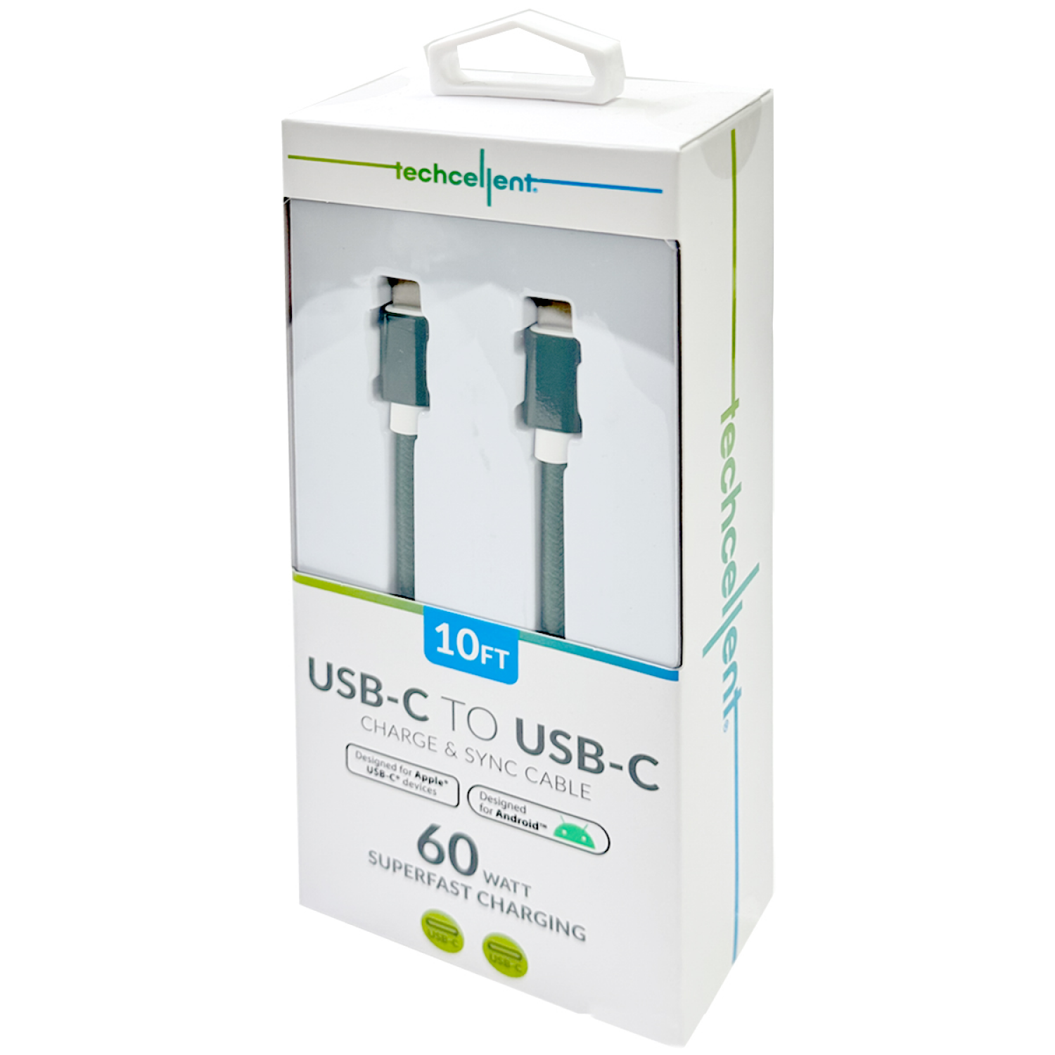 slide 5 of 6, Techcellent USB-C to USB-C Charge & Sync Fabric Cable, 10ft Hunter Green, 10 ft