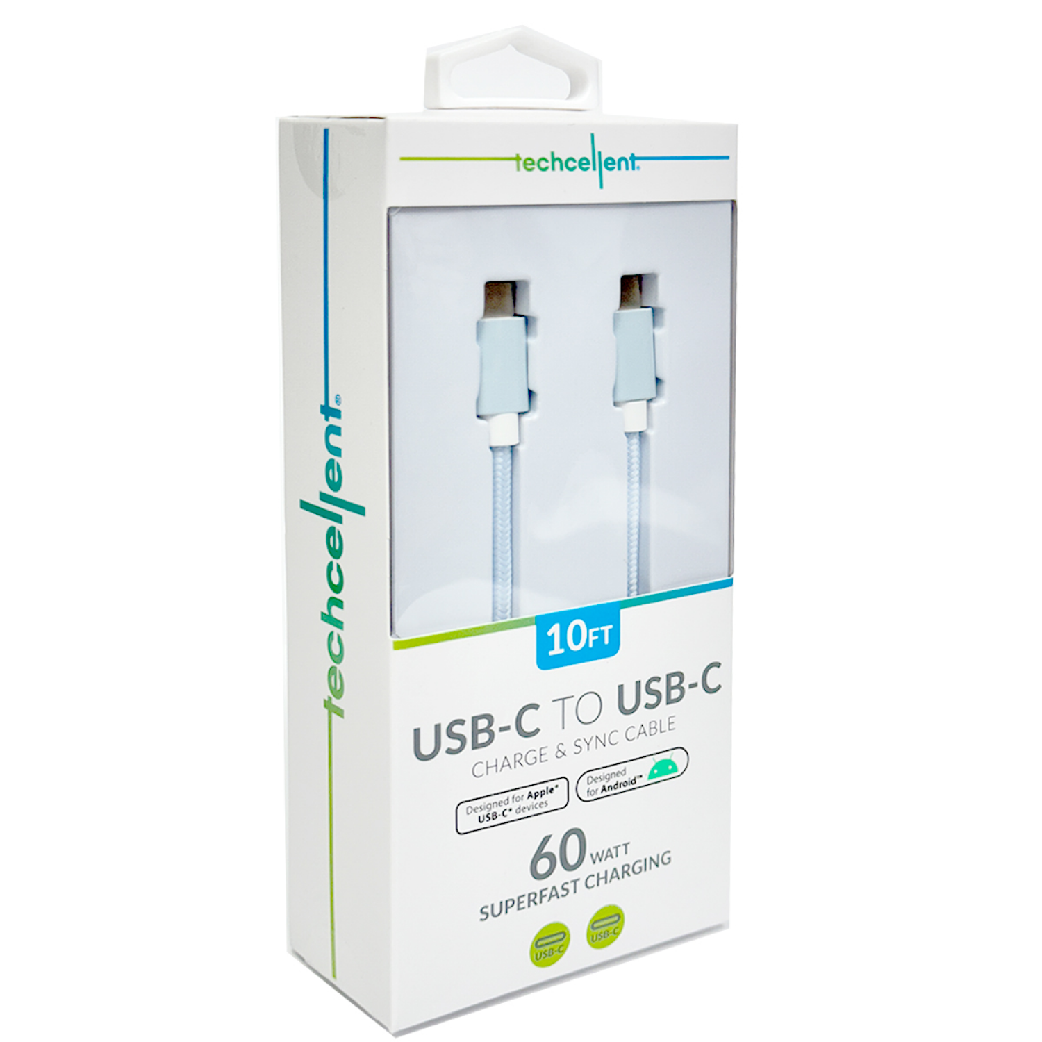 slide 4 of 6, TECHCELLENT USB-C to USB-C Charge & Sync Fabric Cable, 10ft Blue, 10 ft