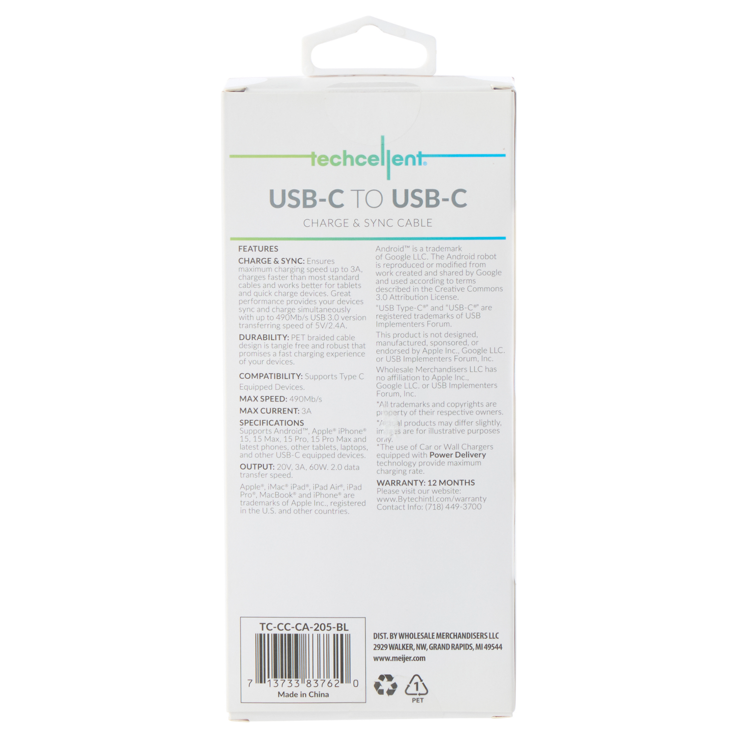 slide 2 of 6, TECHCELLENT USB-C to USB-C Charge & Sync Fabric Cable, 10ft Blue, 10 ft