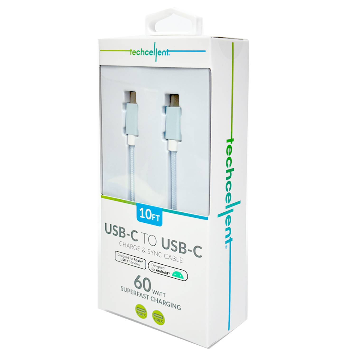 slide 5 of 6, TECHCELLENT USB-C to USB-C Charge & Sync Fabric Cable, 10ft Blue, 10 ft