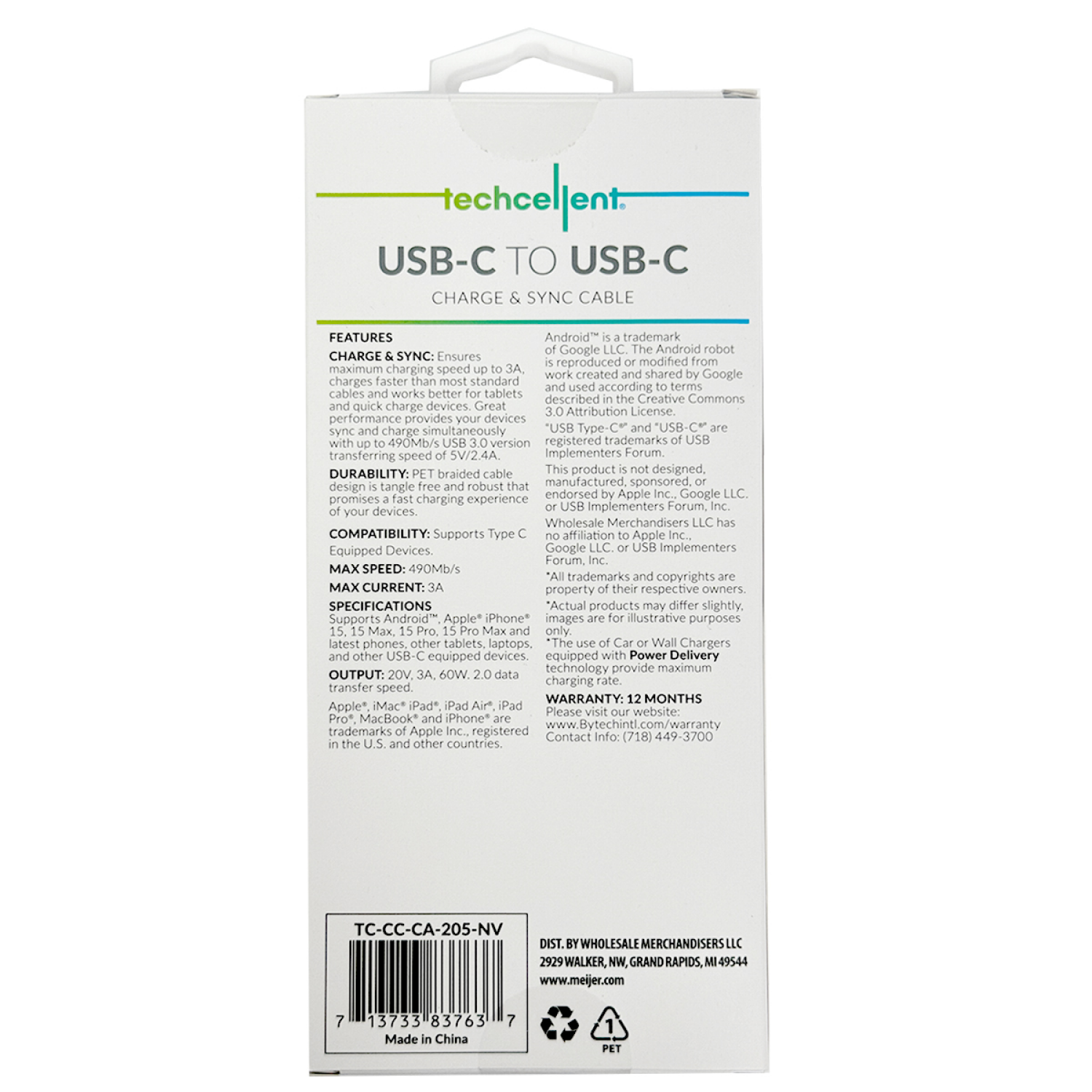 slide 2 of 6, Techcellent USB-C to USB-C Charge & Sync Fabric Cable, 10ft Navy, 10 ft