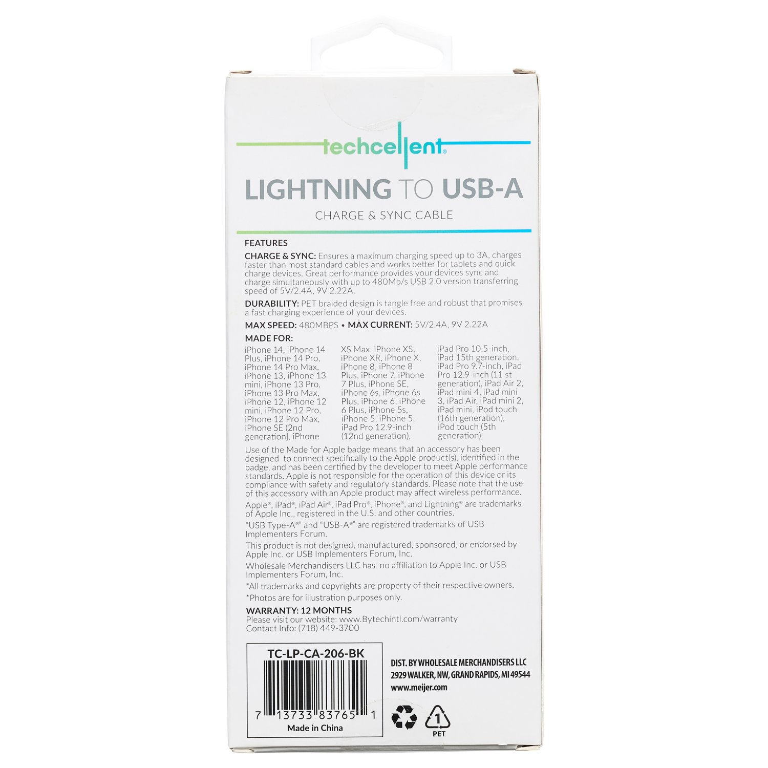 slide 2 of 5, Techcellent Lightning To USB-A Charge & Sync PVC Cable, 4ft black, 4 ft