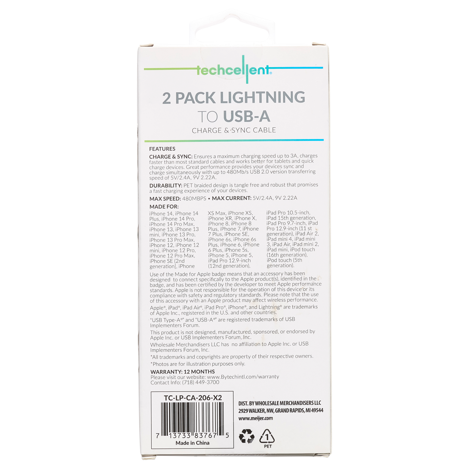 slide 2 of 5, Techcellent 2Pack Lightning To USB-A Charge & Sync PVC Cable, 4ft WHITE, 1 ct
