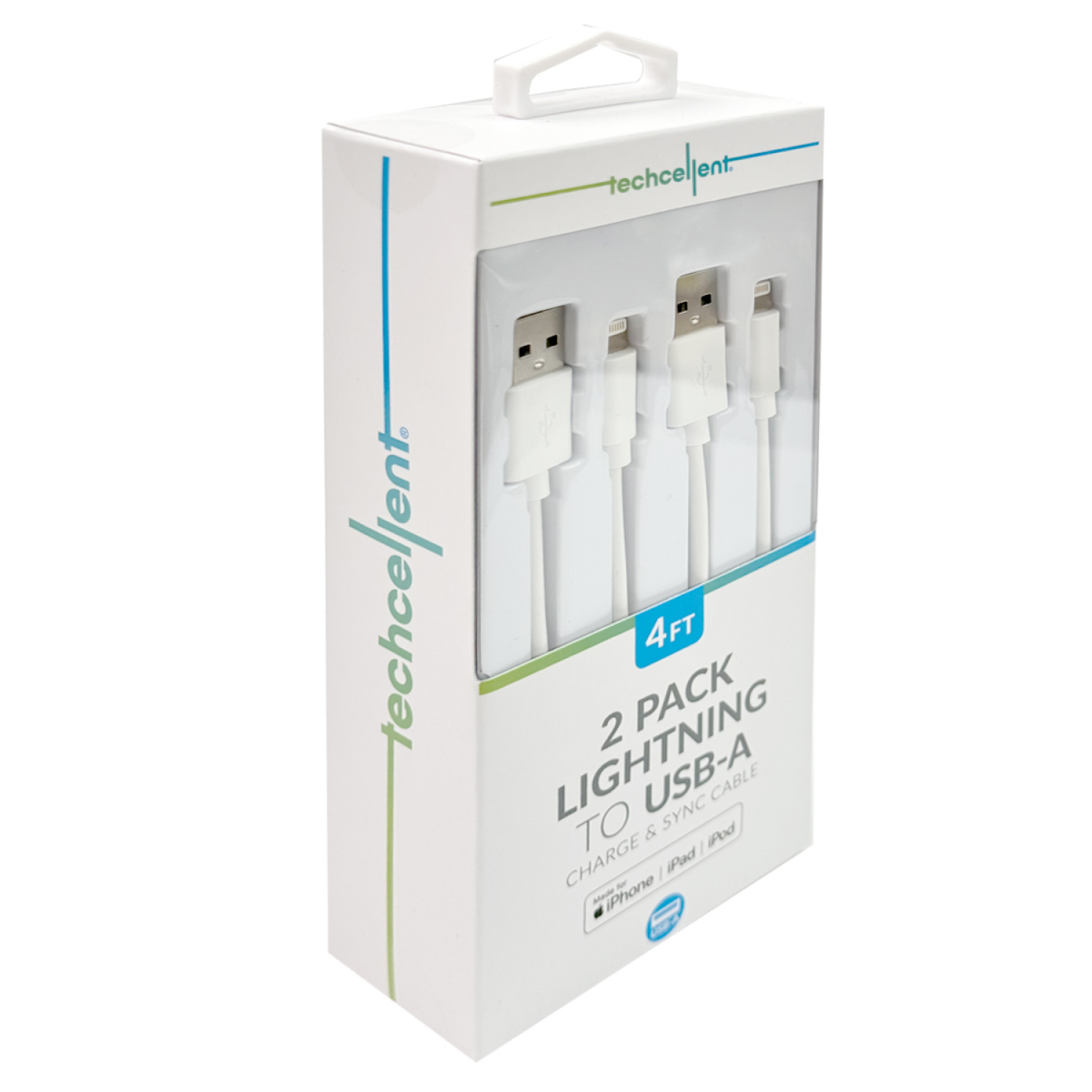 slide 3 of 5, Techcellent 2Pack Lightning To USB-A Charge & Sync PVC Cable, 4ft WHITE, 1 ct