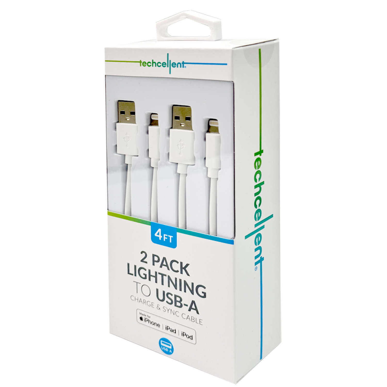 slide 4 of 5, Techcellent 2Pack Lightning To USB-A Charge & Sync PVC Cable, 4ft WHITE, 1 ct