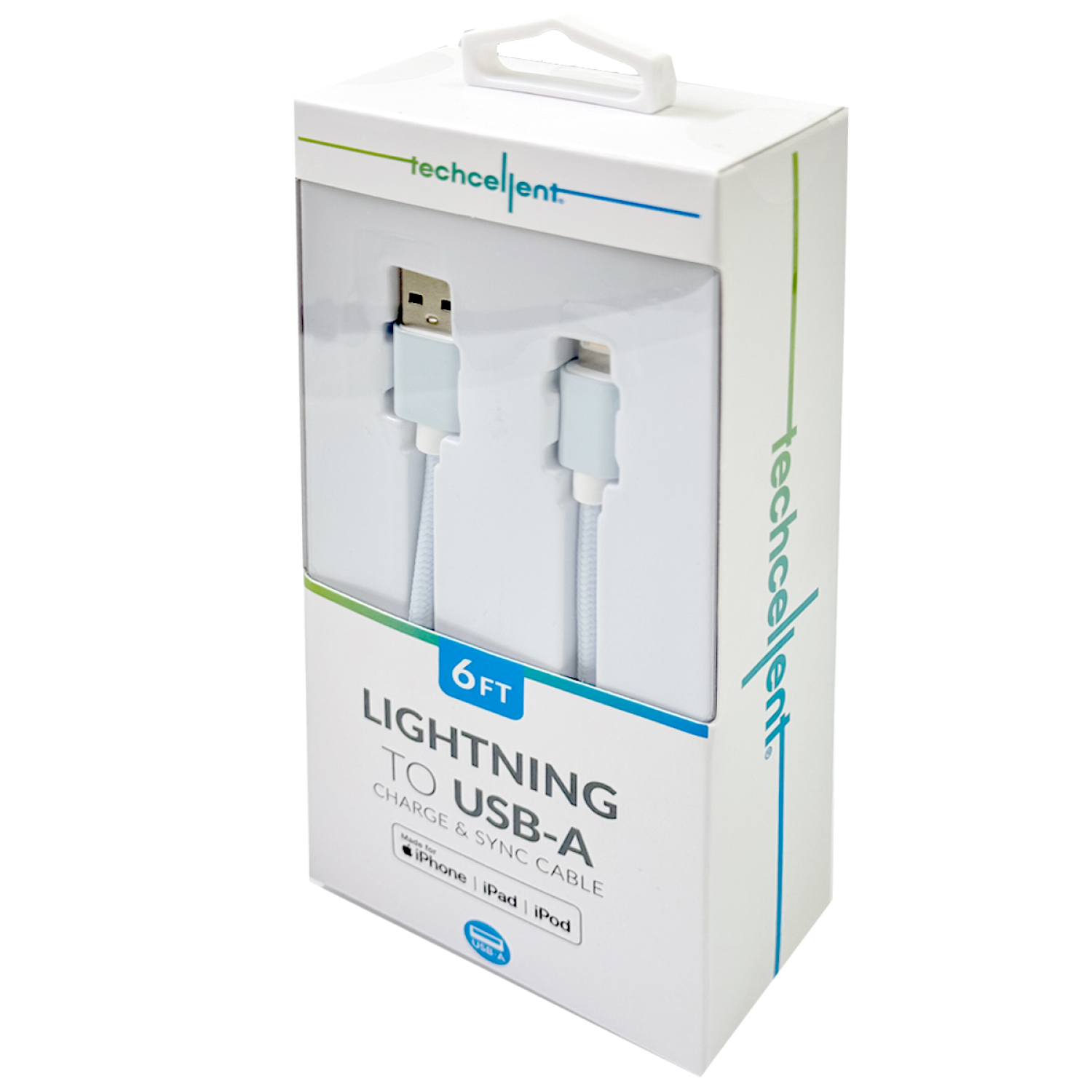 slide 4 of 5, Techcellent Lightning To USB-A Charge & Sync Braided Cable, 6ft blue, 6 ft