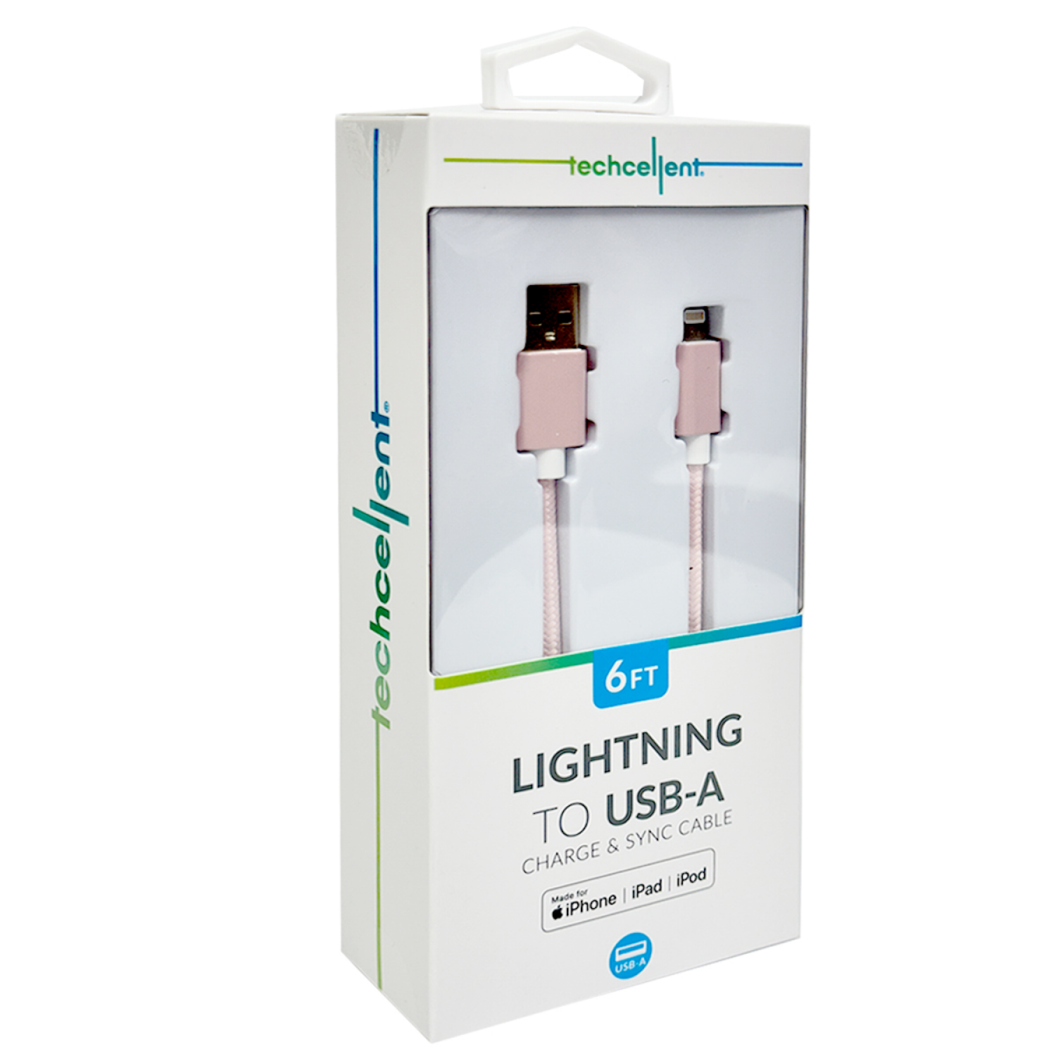slide 3 of 5, Techcellent Lightning To USB-A Charge & Sync Braided Cable, 6ft pink, 6 ft