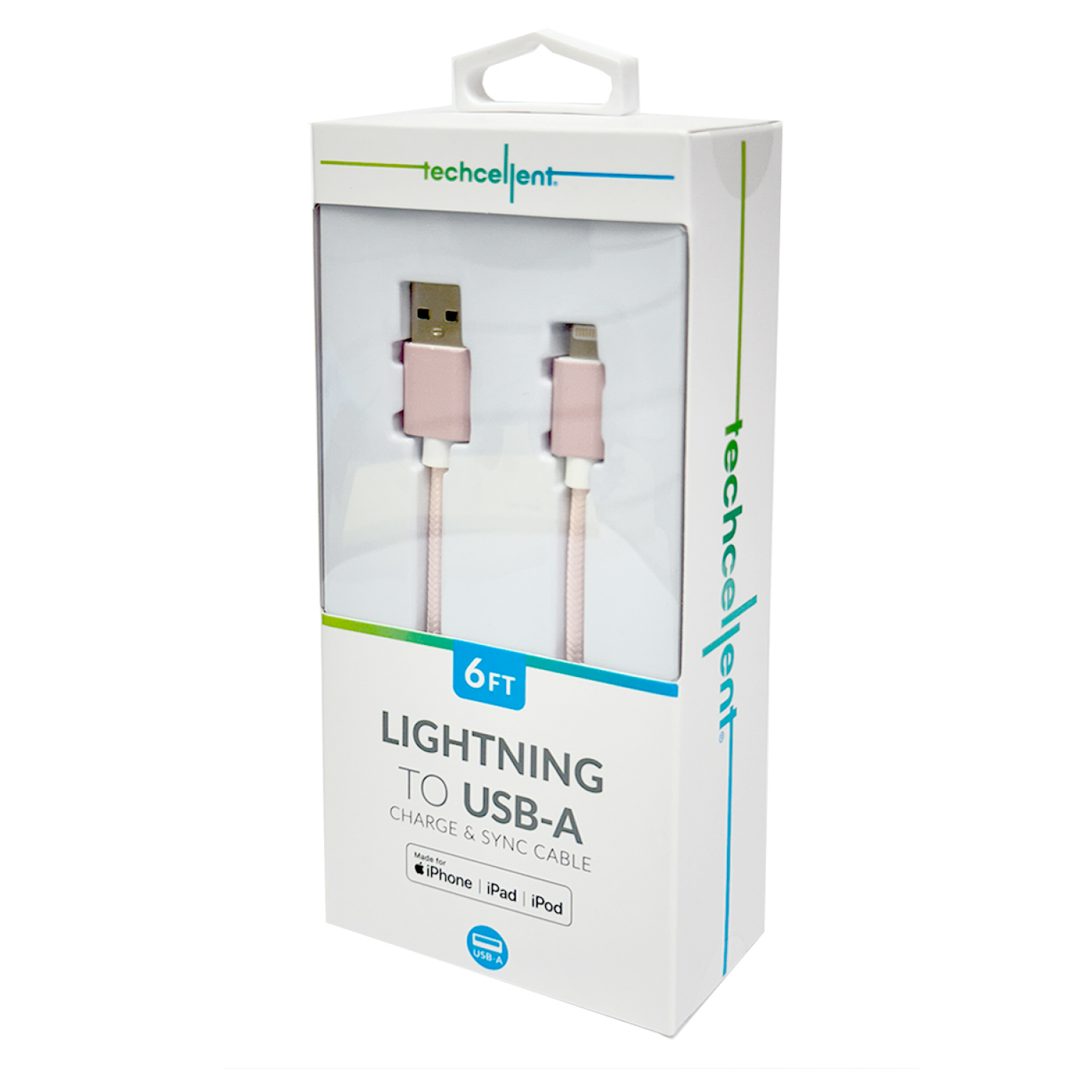 slide 4 of 5, Techcellent Lightning To USB-A Charge & Sync Braided Cable, 6ft pink, 6 ft