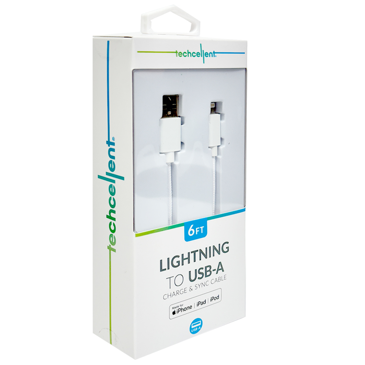 slide 3 of 5, Techcellent Lightning To USB-A Charge & Sync Braided Cable, 6ft white, 6 ft