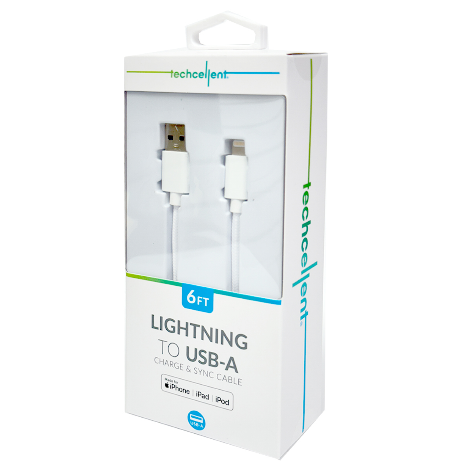 slide 4 of 5, Techcellent Lightning To USB-A Charge & Sync Braided Cable, 6ft white, 6 ft