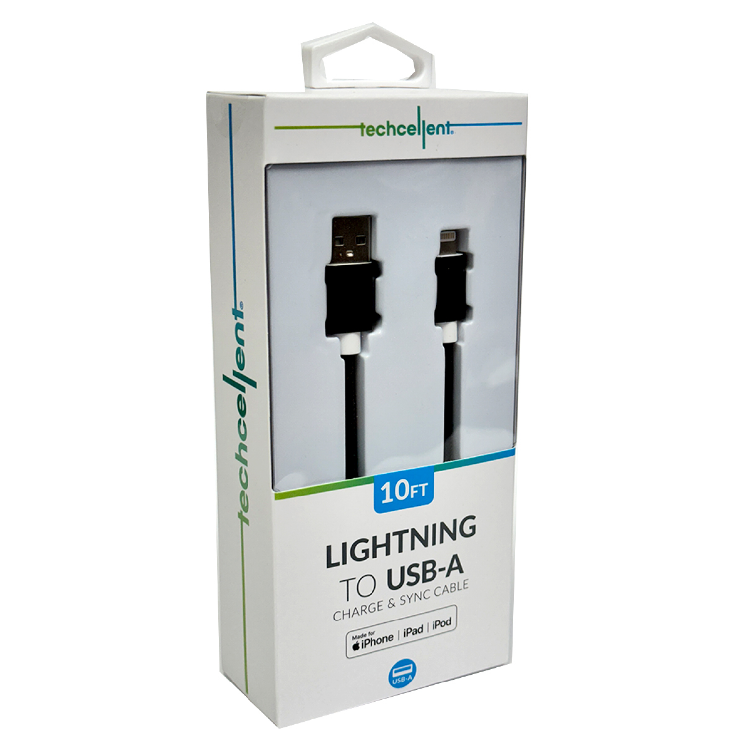 slide 3 of 5, Techcellent Lightning To USB-A Charge & Sync Braided Cable, 10ft black, 10 ft