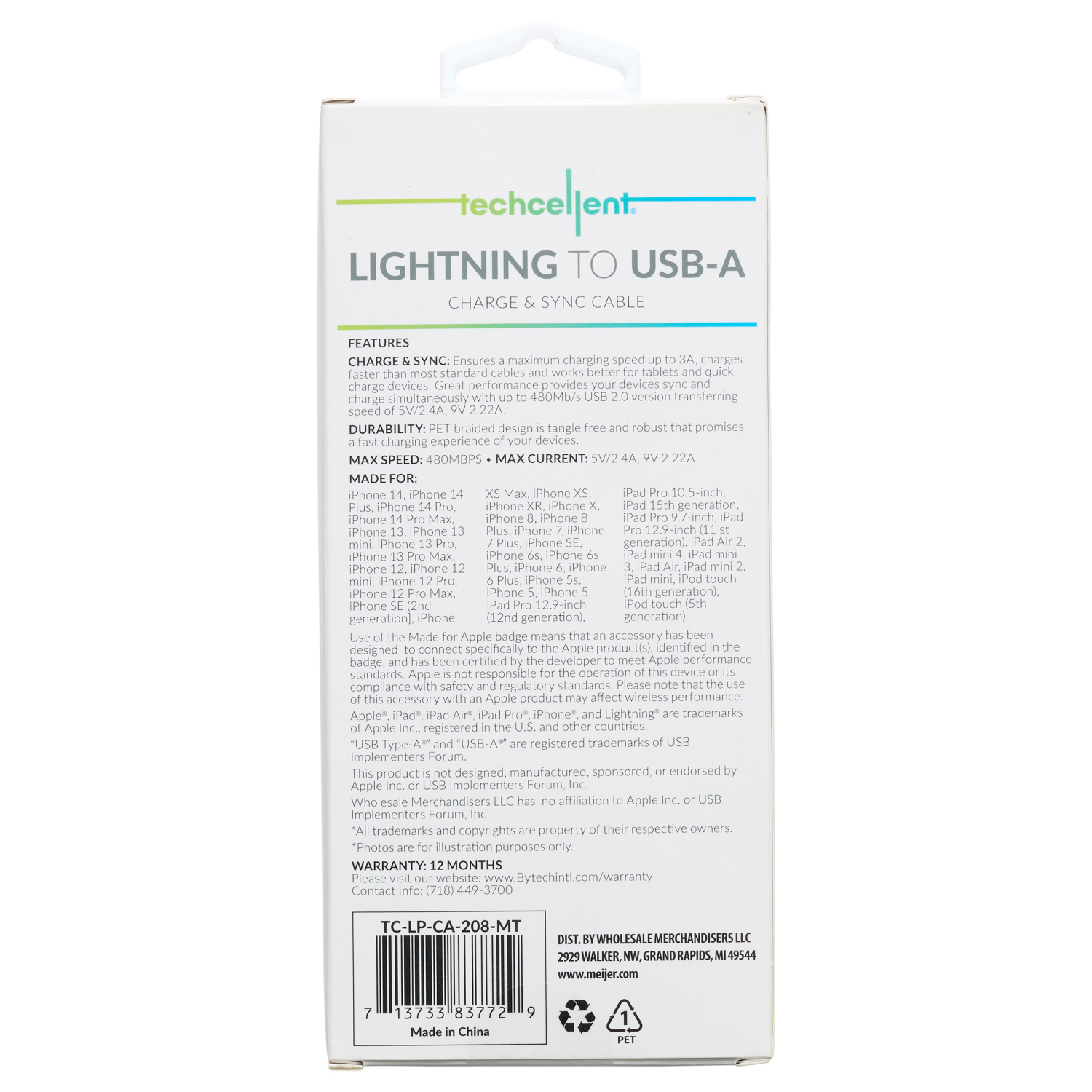 slide 2 of 5, Techcellent Lightning To USB-A Charge & Sync Braided Cable, 10ft mint, 10 ft