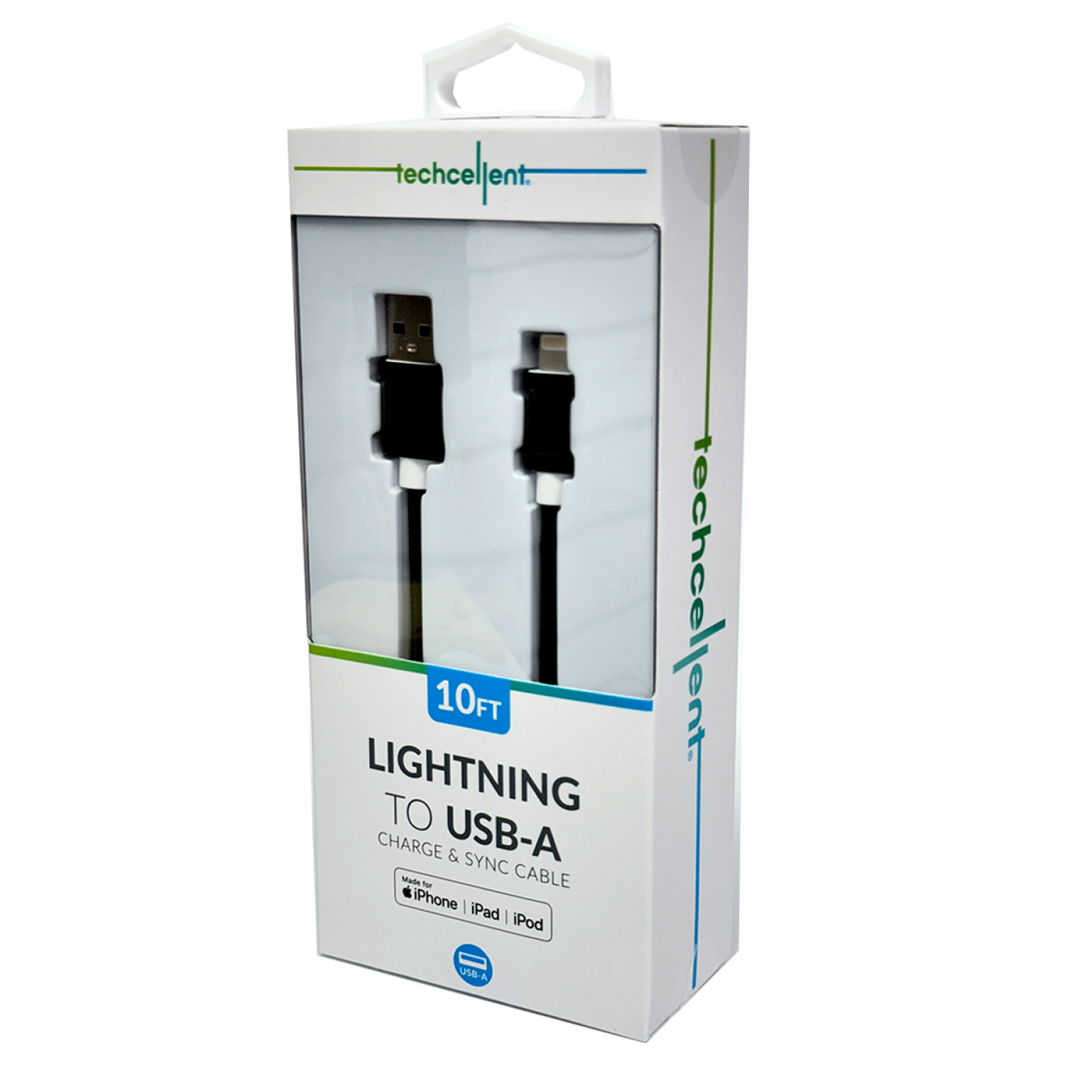 slide 4 of 5, Techcellent Lightning To USB-A Charge & Sync Braided Cable, 10ft mint, 10 ft