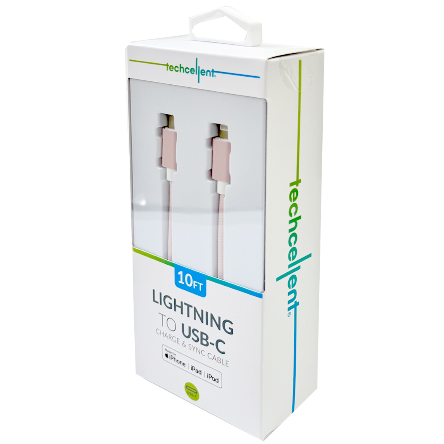 slide 4 of 5, Techcellent Lightning To USB-A Charge & Sync Braided Cable, 10ft pink, 10 ft