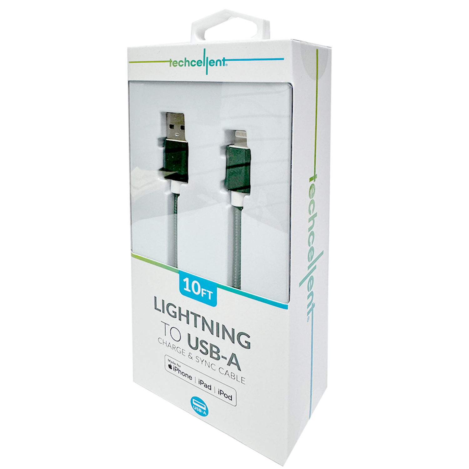 slide 4 of 5, Techcellent Lightning To USB-A Charge & Sync Braided Cable, 10ft hunter green, 10 ft