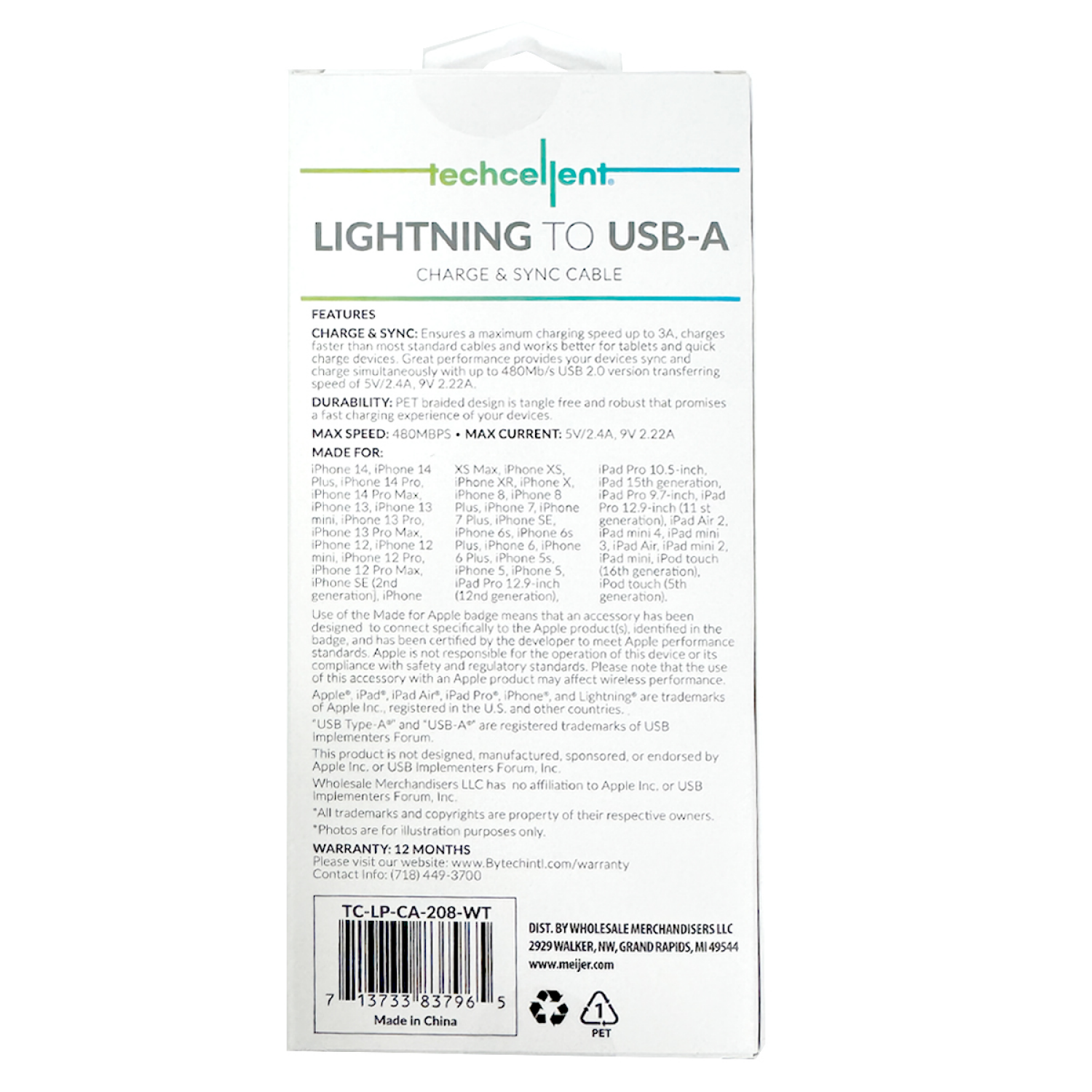 slide 2 of 5, Techcellent Lightning To USB-A Charge & Sync Braided Cable, 10ft white, 10 ft