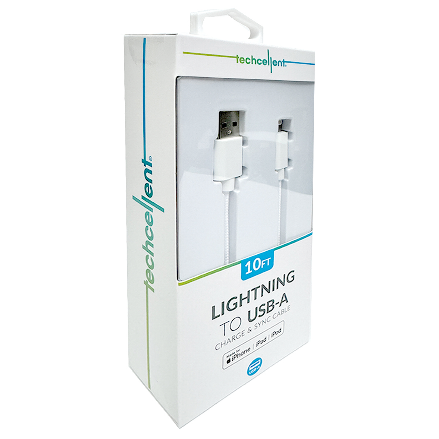 slide 3 of 5, Techcellent Lightning To USB-A Charge & Sync Braided Cable, 10ft white, 10 ft
