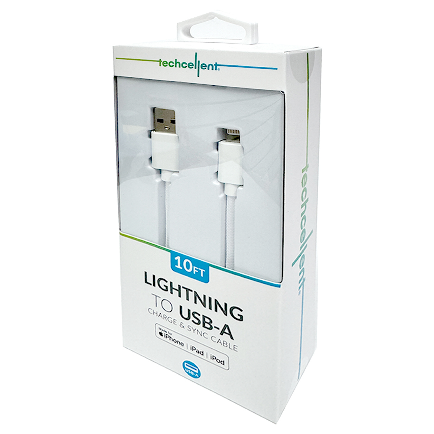 slide 4 of 5, Techcellent Lightning To USB-A Charge & Sync Braided Cable, 10ft white, 10 ft