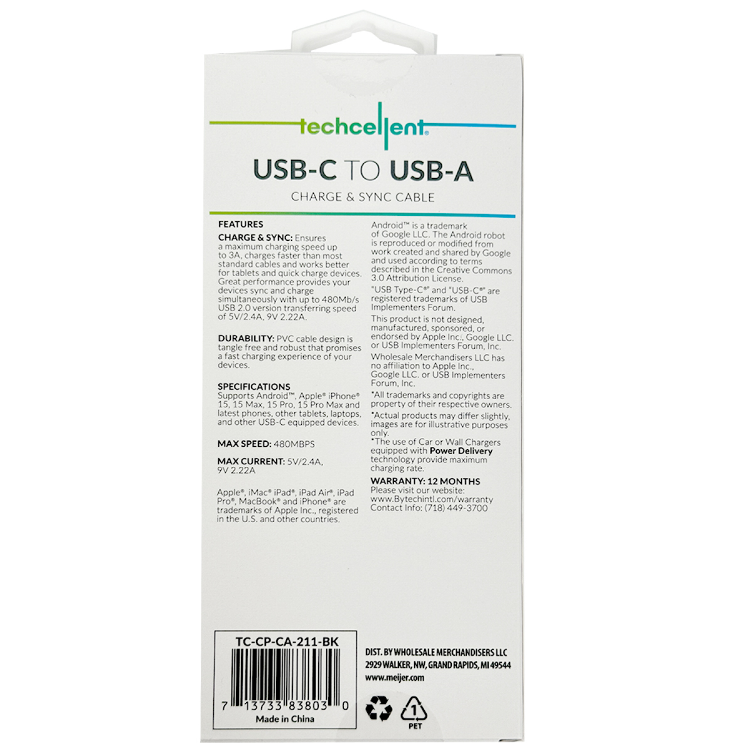 slide 2 of 5, Techcellent USB-A To USB-C Charge & Sync PVC Cable , 4ft Black, 4 ft