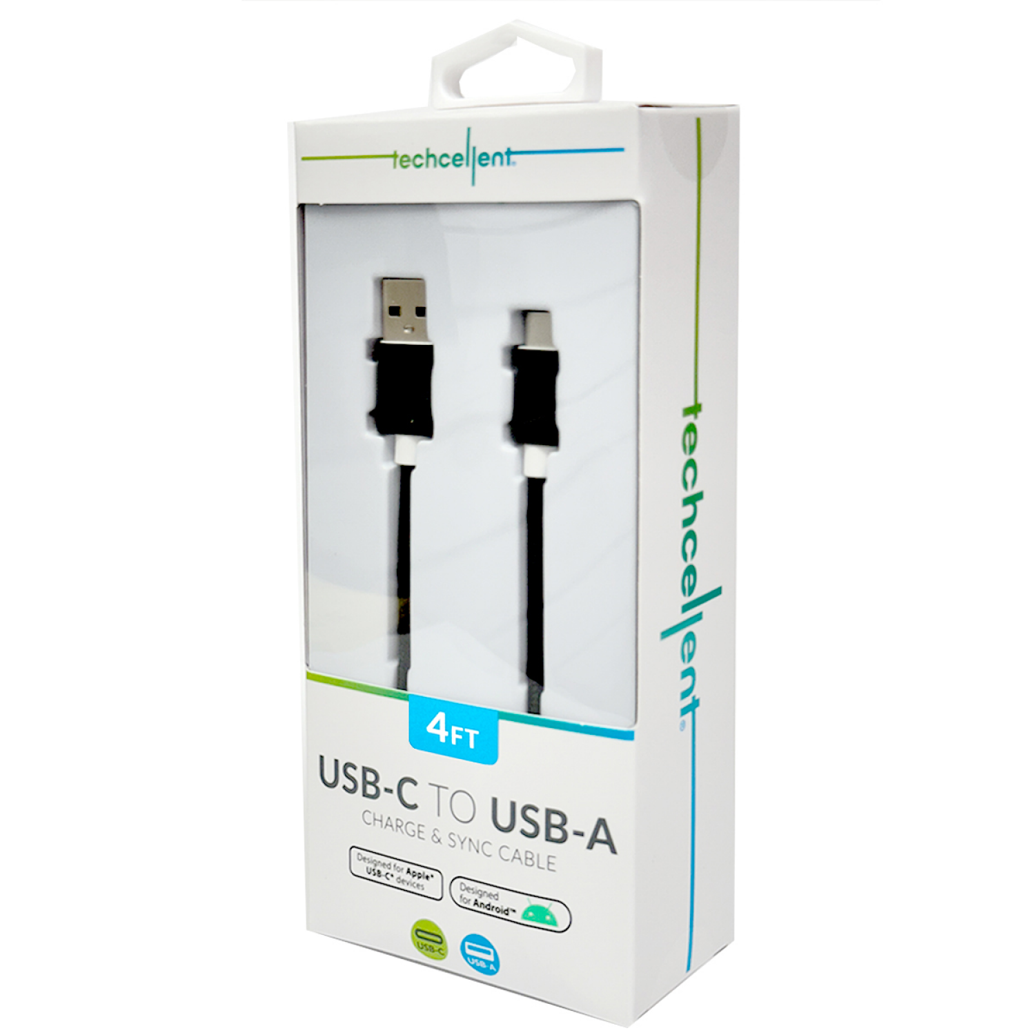 slide 4 of 5, Techcellent USB-A To USB-C Charge & Sync PVC Cable , 4ft Black, 4 ft