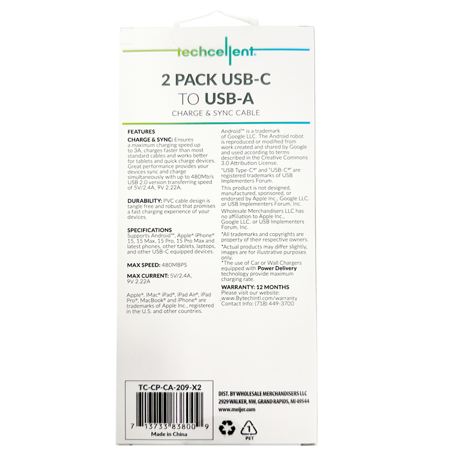 slide 2 of 5, Techcellent 2Pack USB-A To USB-C Charge & Sync PVC Cable , 4ft Black, 1 ct