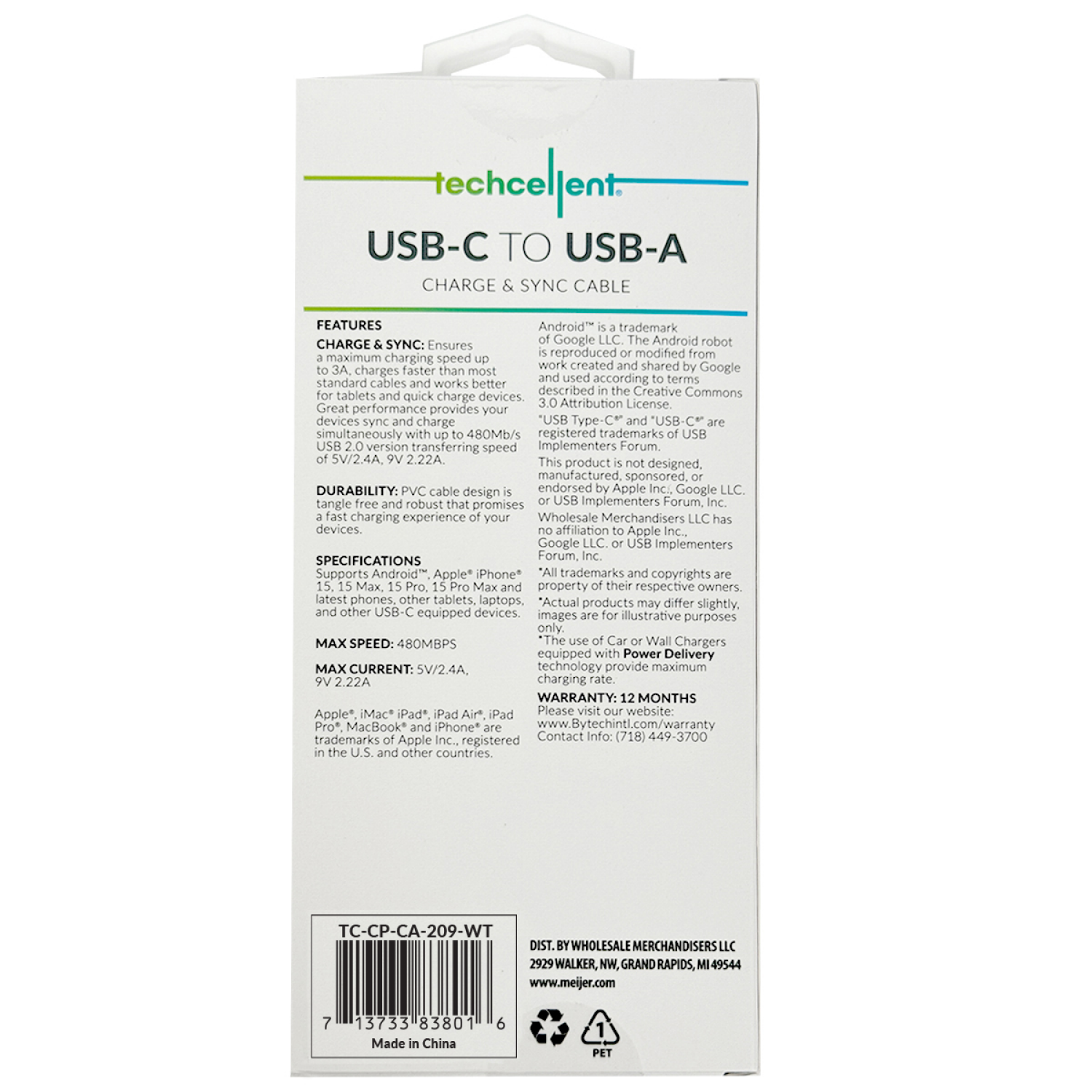 slide 2 of 5, Techcellent USB-A To USB-C Charge & Sync PVC Cable , 4ft White, 4 ft