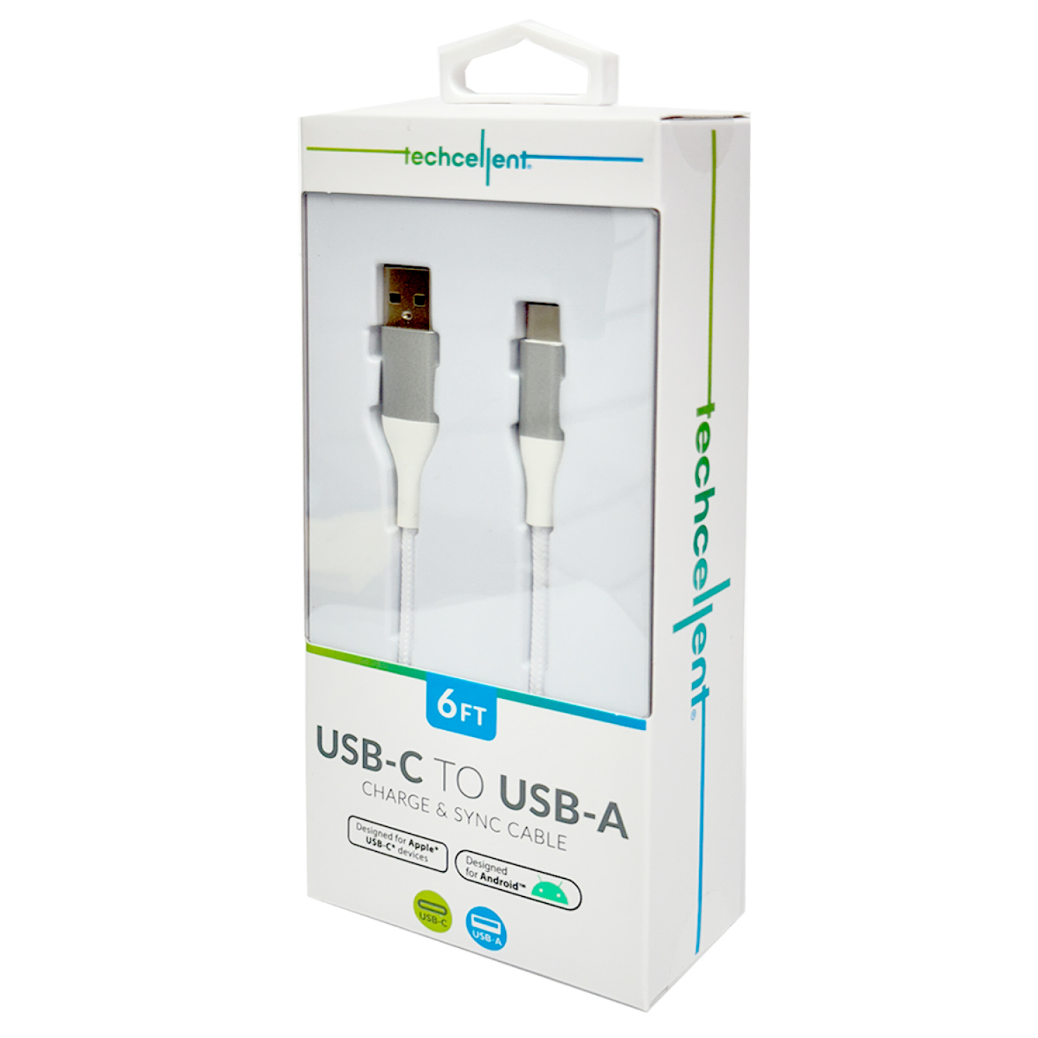 slide 4 of 5, Techcellent USB-A To USB-C Charge & Sync Braided Cable , 6ft White, 6 ft