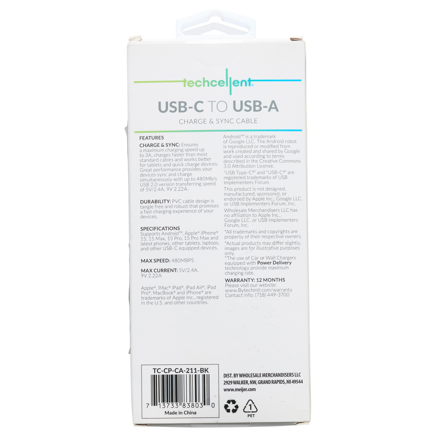 slide 2 of 5, Techcellent USB-A To USB-C Charge & Sync Braided Cable , 10ft Black, 10 ft