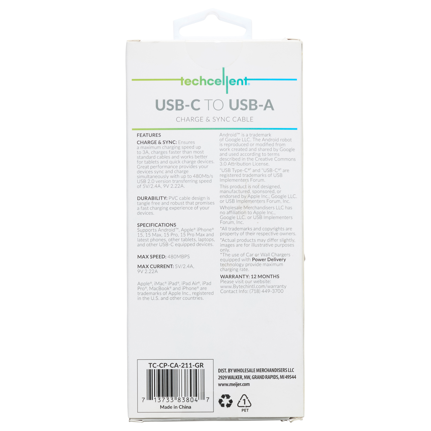 slide 2 of 5, Techcellent USB-A To USB-C Charge & Sync Braided Cable , 10ft green, 10 ft