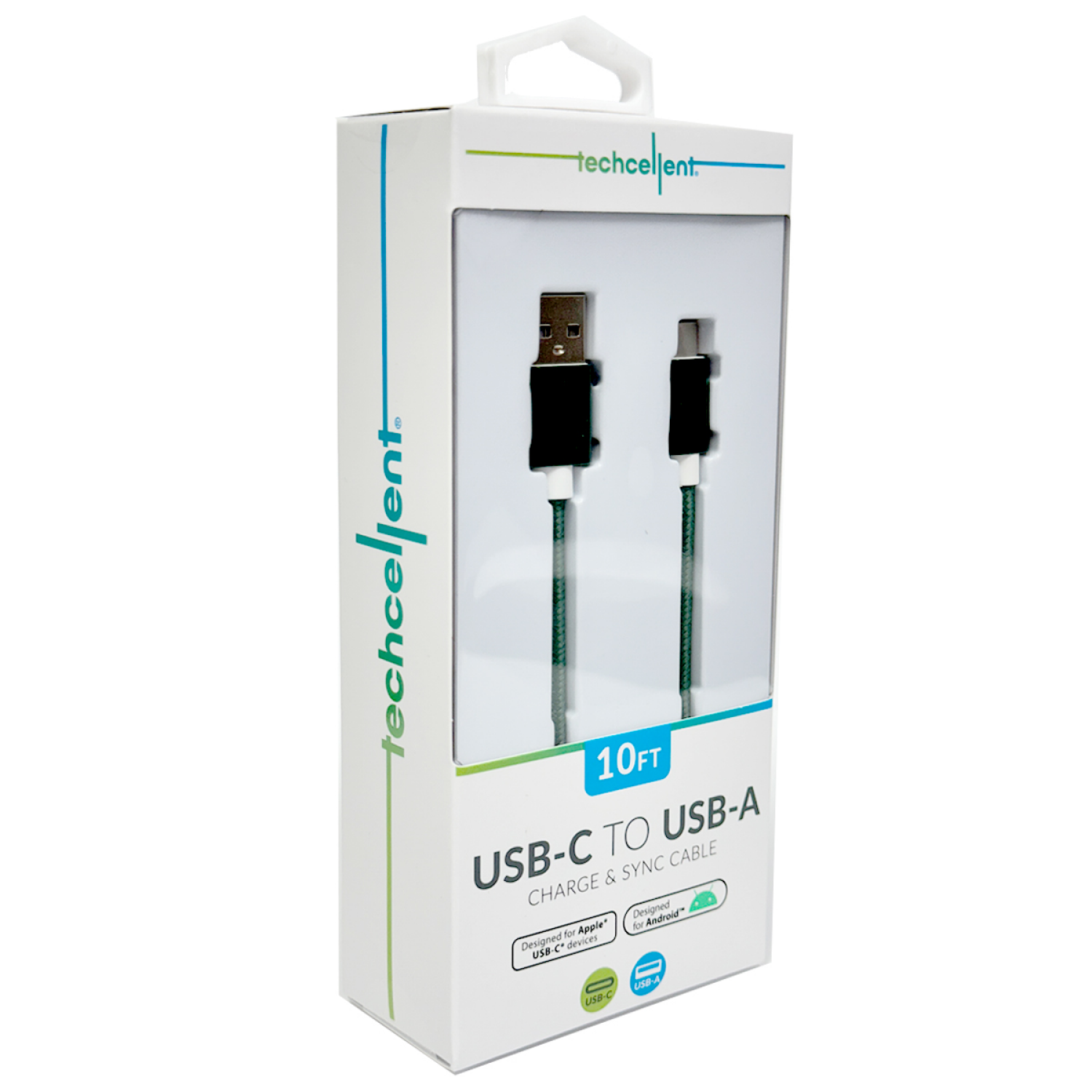 slide 3 of 5, Techcellent USB-A To USB-C Charge & Sync Braided Cable , 10ft green, 10 ft