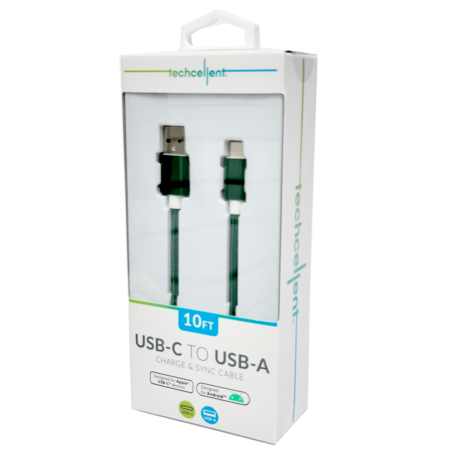 slide 4 of 5, Techcellent USB-A To USB-C Charge & Sync Braided Cable , 10ft green, 10 ft